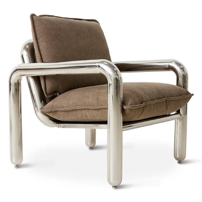 Poltrona lounge cromata, tela marrone