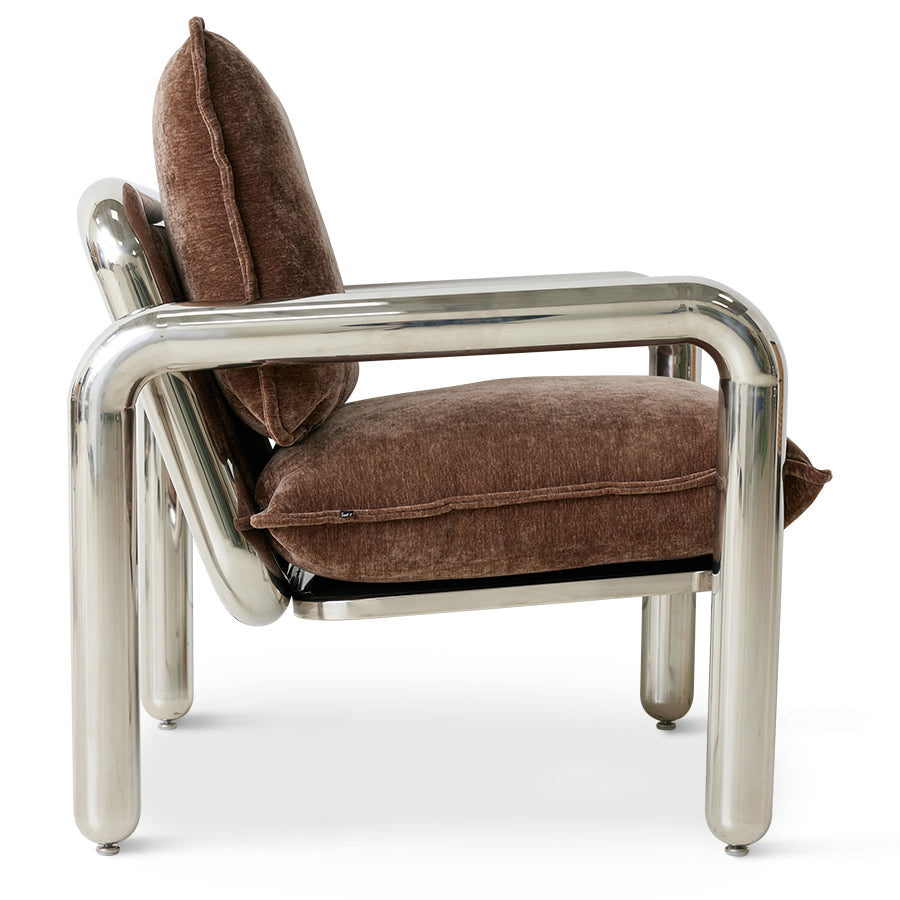 Poltrona lounge cromata, velluto marrone