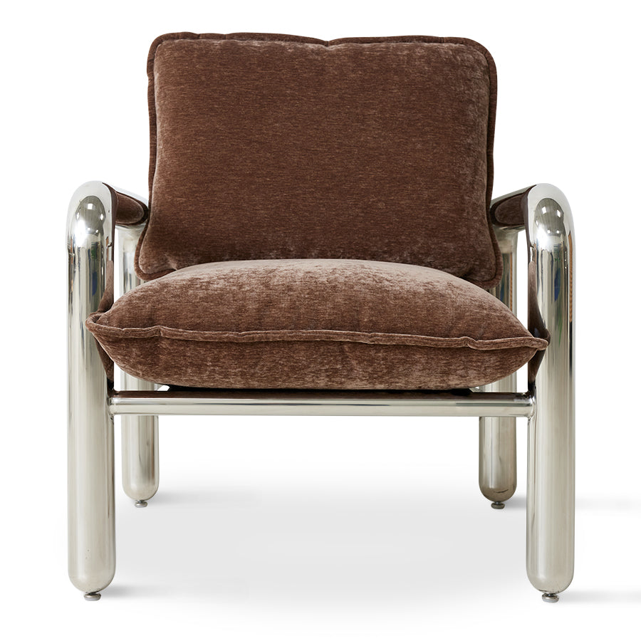 Poltrona lounge cromata, velluto marrone