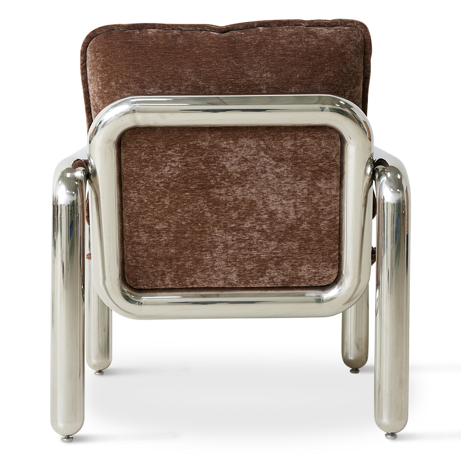 Poltrona lounge cromata, velluto marrone