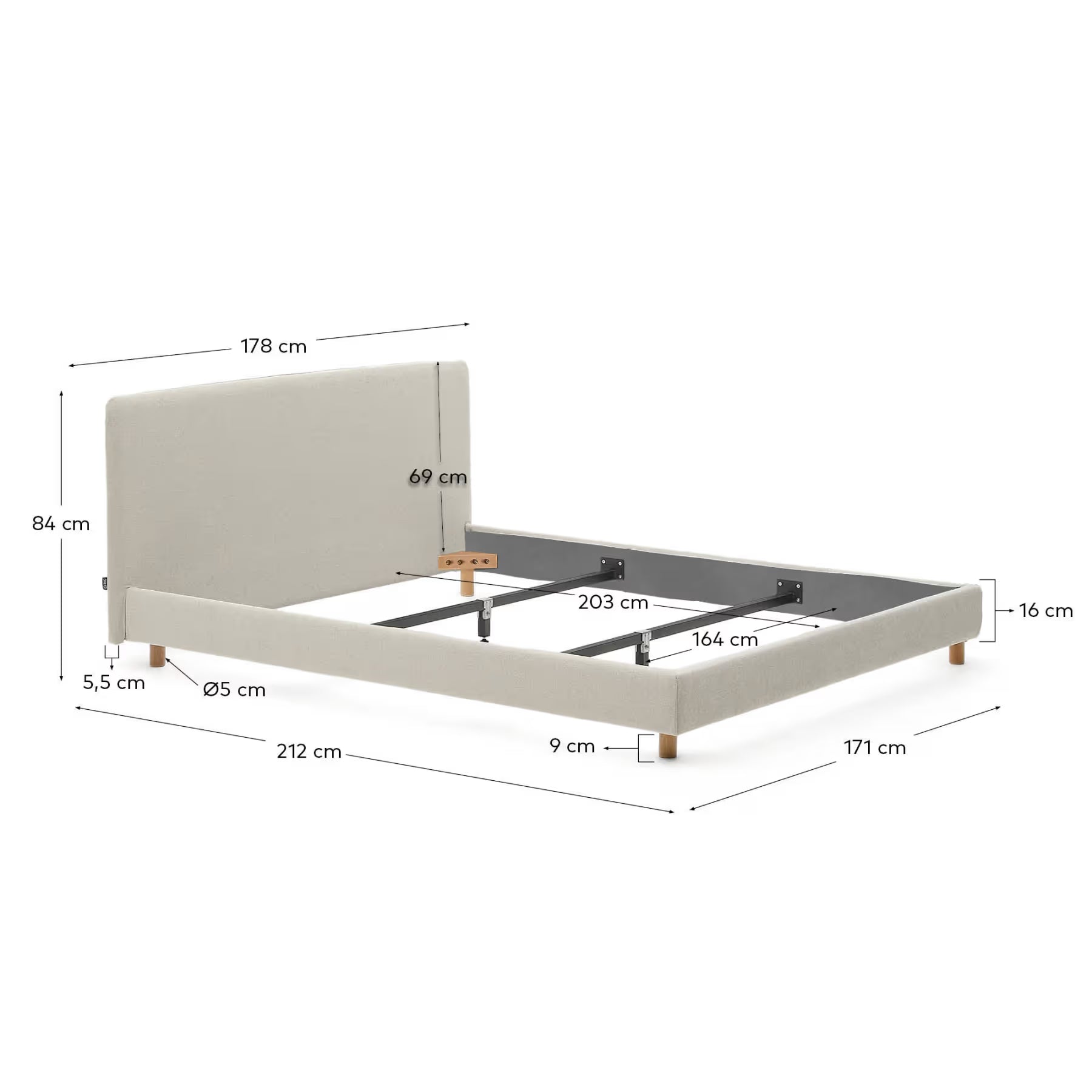 Valma chenille pearl upholstered bed with solid beech wood legs for 160 x 200 cm mattress