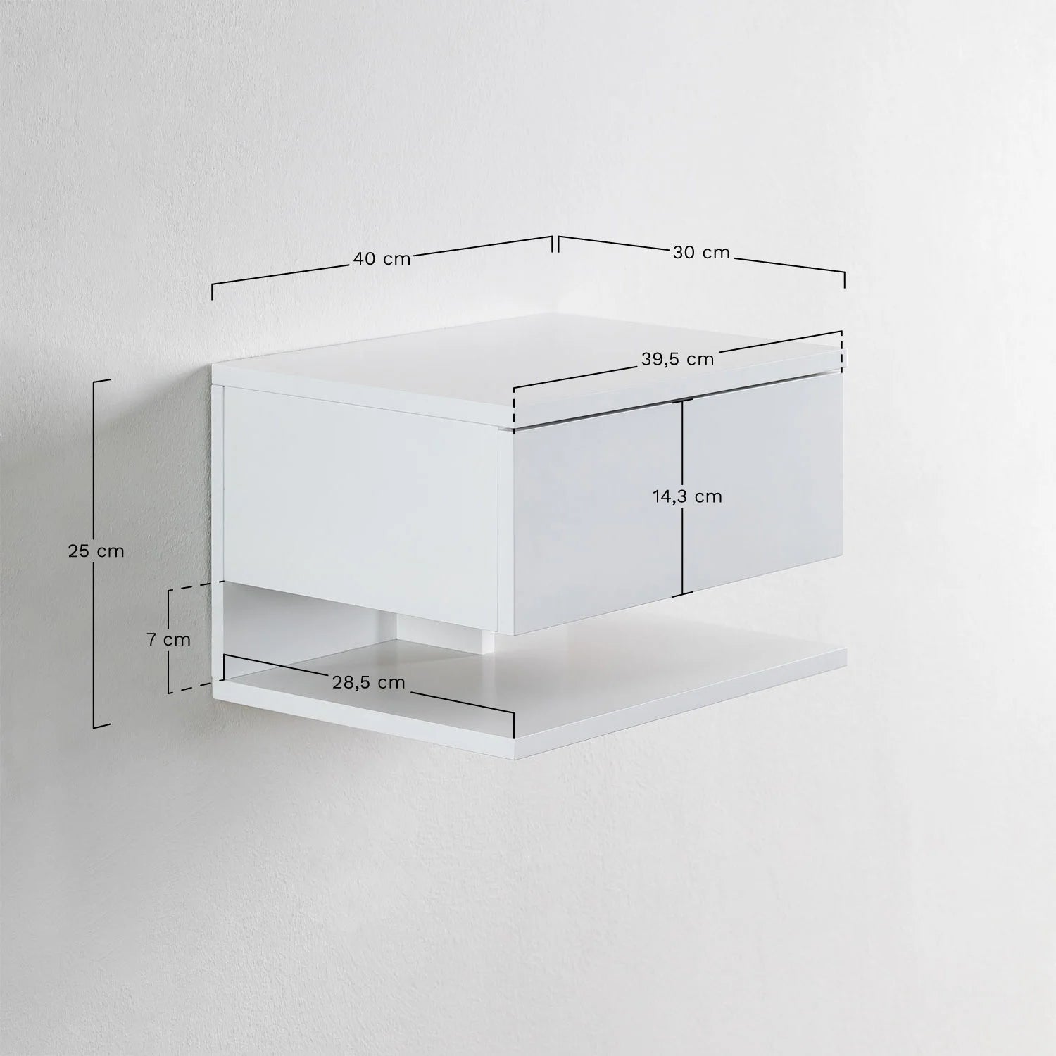 Griviza - Comodino sospeso rettangolare 40x30 cm con cassetto