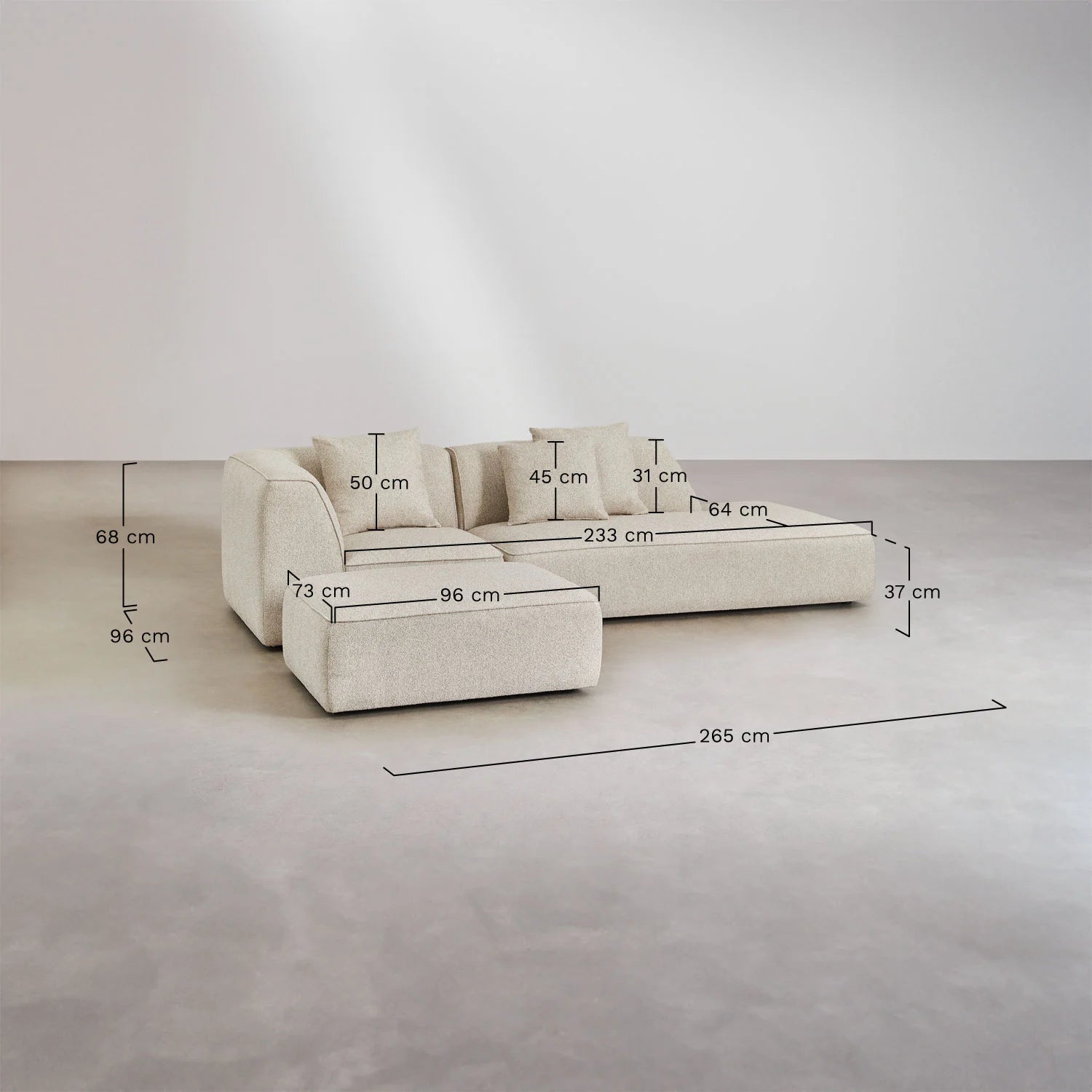 Divano angolare componibile Cardea 2 pezzi con chaise longue destra o sinistra e pouf imbottito - Sfoderabile Bouclè beige Crema