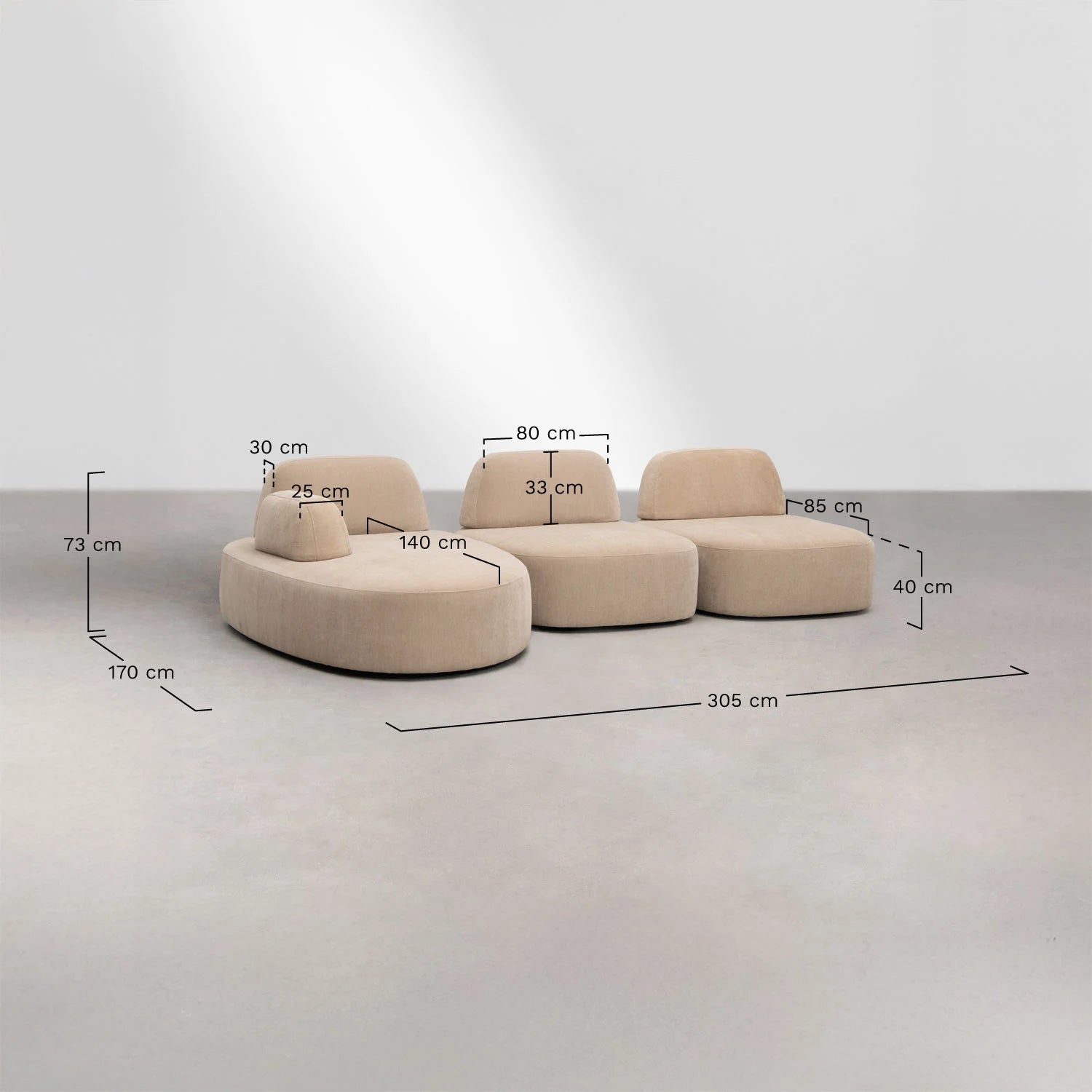 Giorgia - Divano modulare chaise longue sinistro a 3 pezzi rivestito