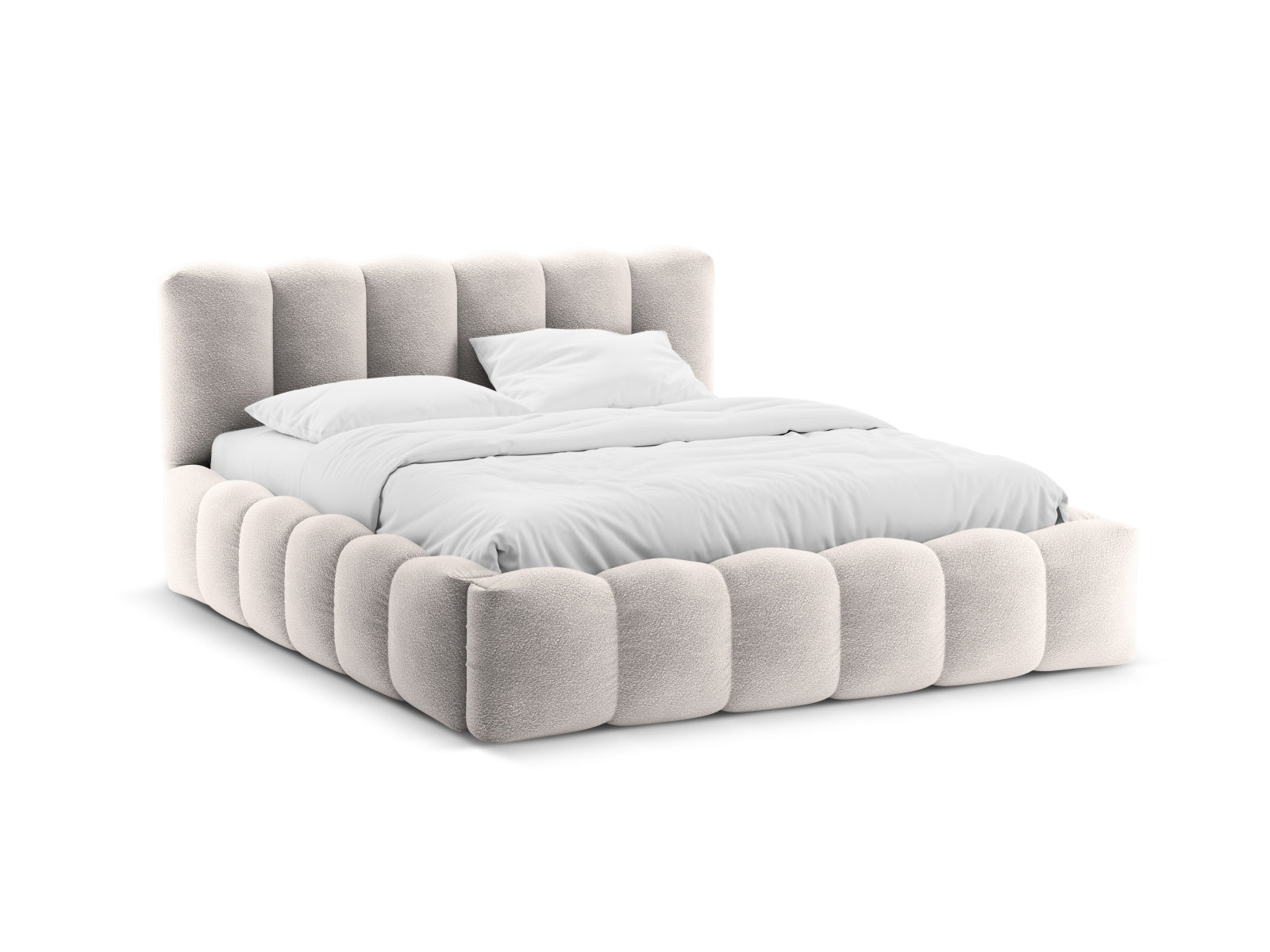 Letto con Contenitore e Testata in Bouclé, "Lupine", 226x206x95 - Grigio Chiaro