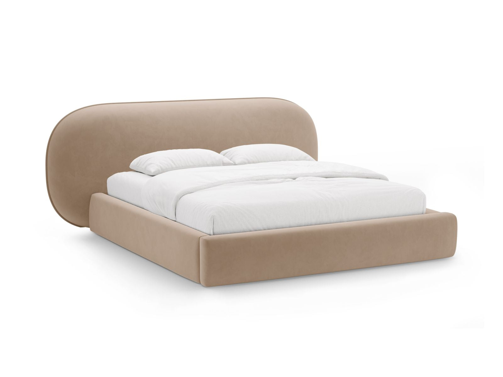 Letto con Contenitore e Testata in Velluto, "Ovalo", 234x290x96 - Beige Mandorla