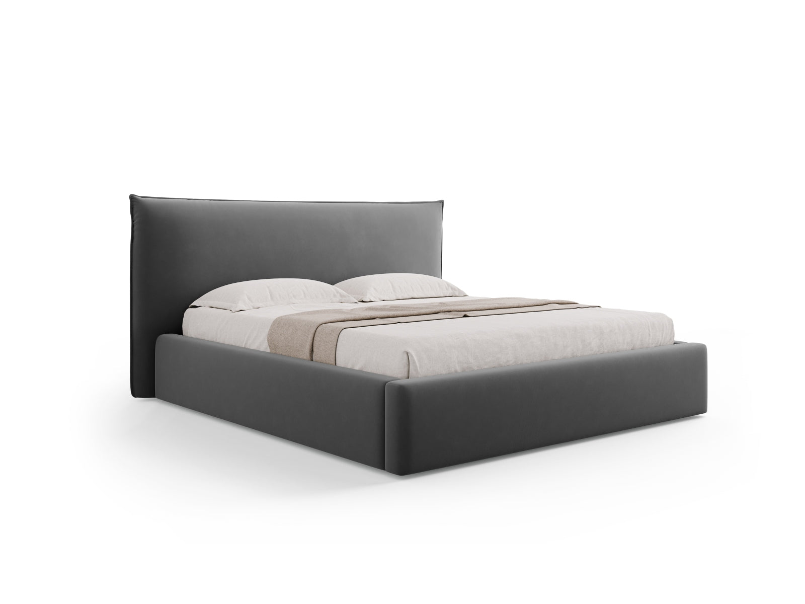 Letto con Contenitore e Testata in Velluto, "Kaelle", 223x220x111 - Grigio