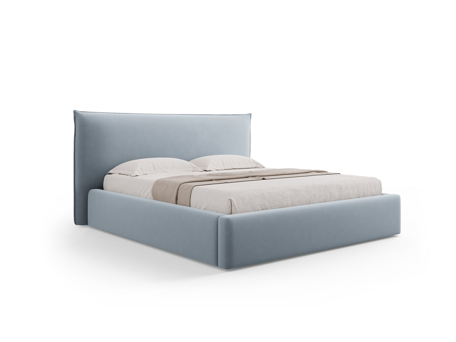 Letto con Contenitore e Testata in Velluto, "Kaelle", 223x180x111 - Blu Chiaro