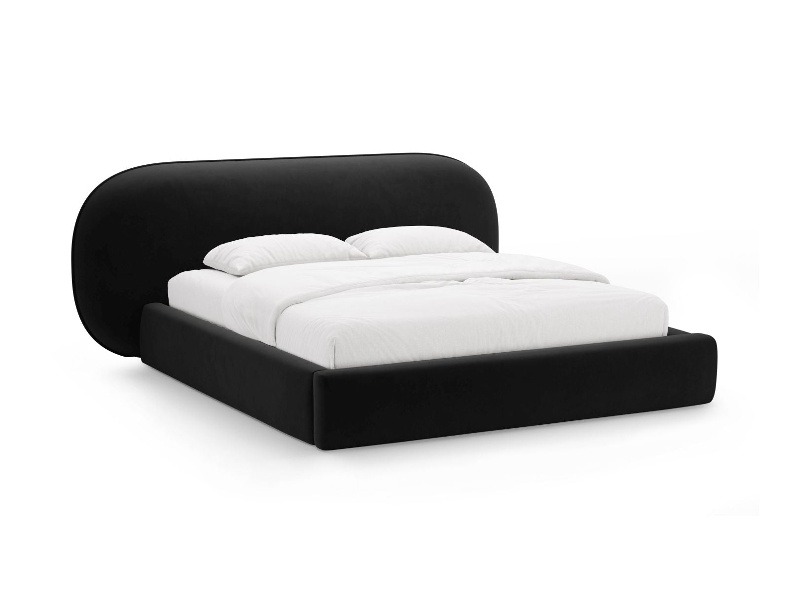 Letto con Contenitore e Testata in Velluto, "Ovalo", 234x290x96 - Nero