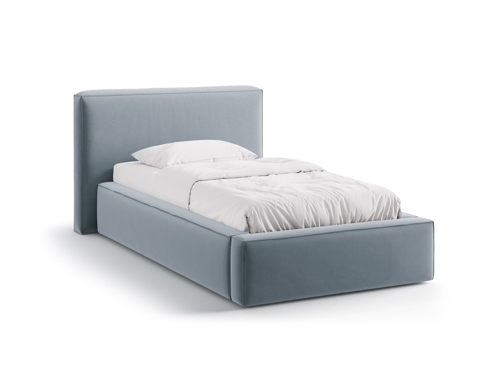 Letto con Contenitore e Testata in Velluto, "Jodie", 223x136x95 - Blu Chiaro