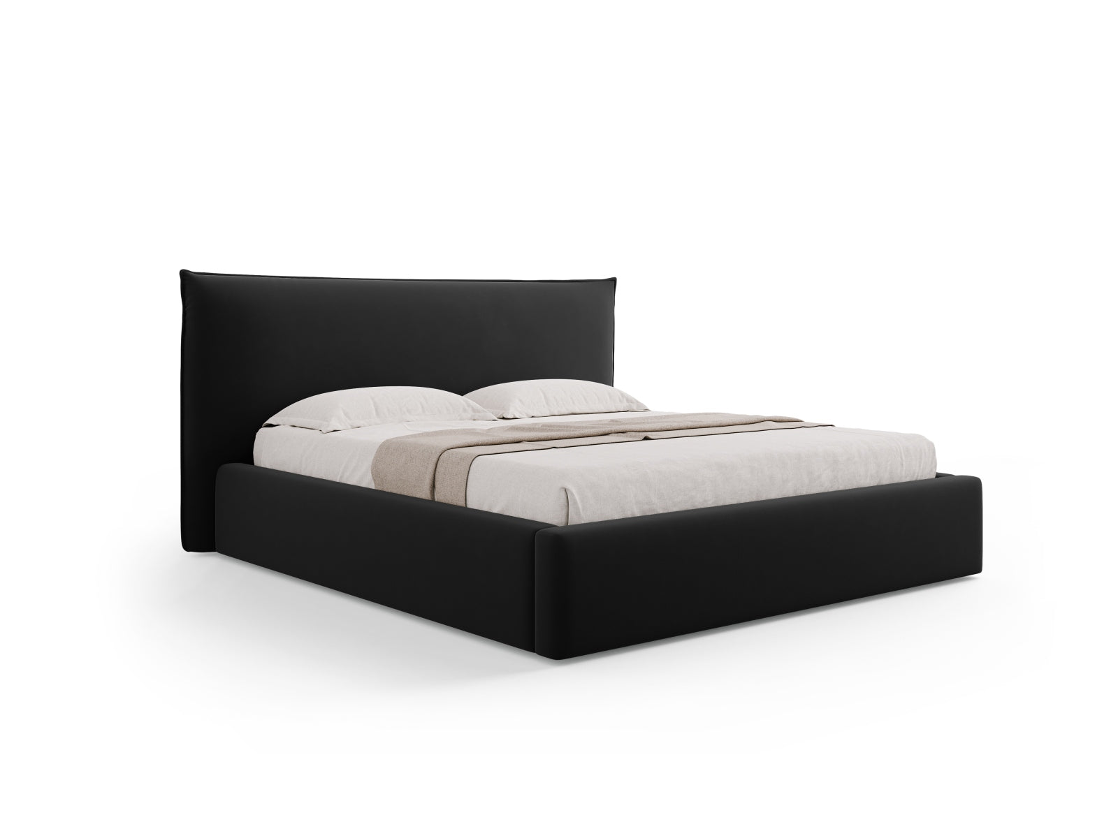Letto con Contenitore e Testata in Velluto, "Kaelle", 223x180x111 - Nero