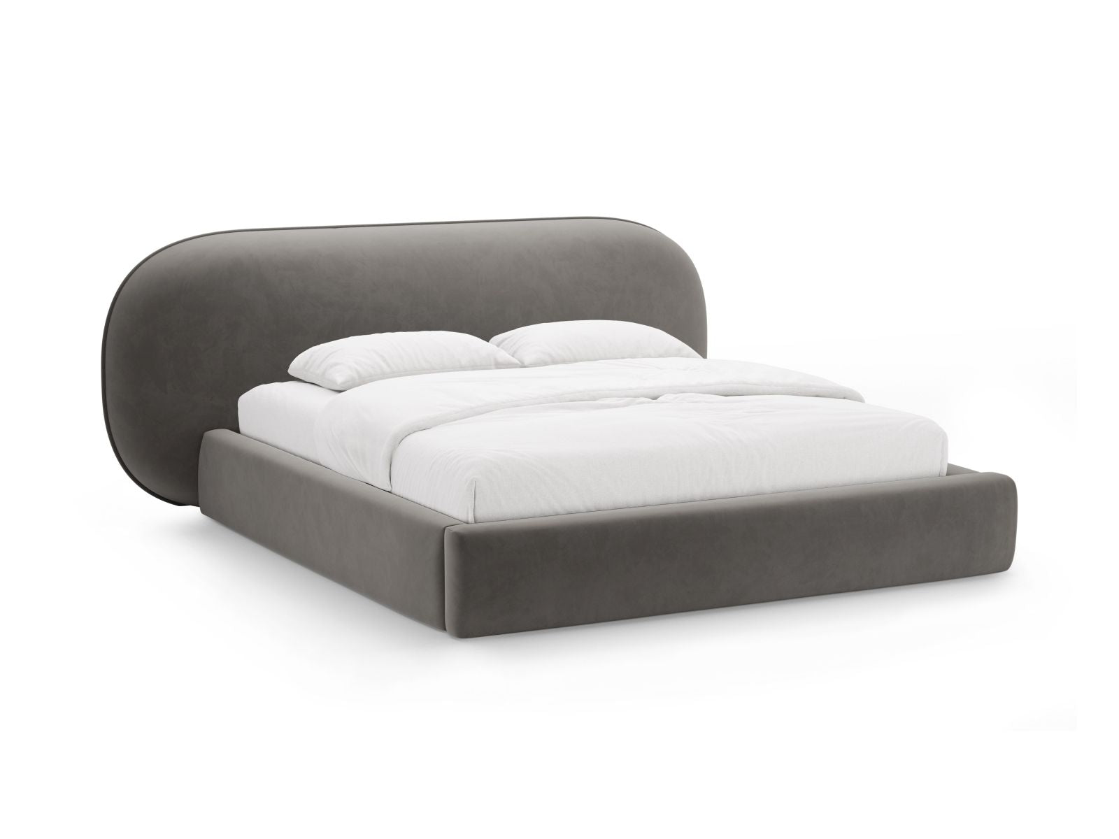 Letto con Contenitore e Testata in Velluto, "Ovalo", 234x290x96 - Grigio Scuro