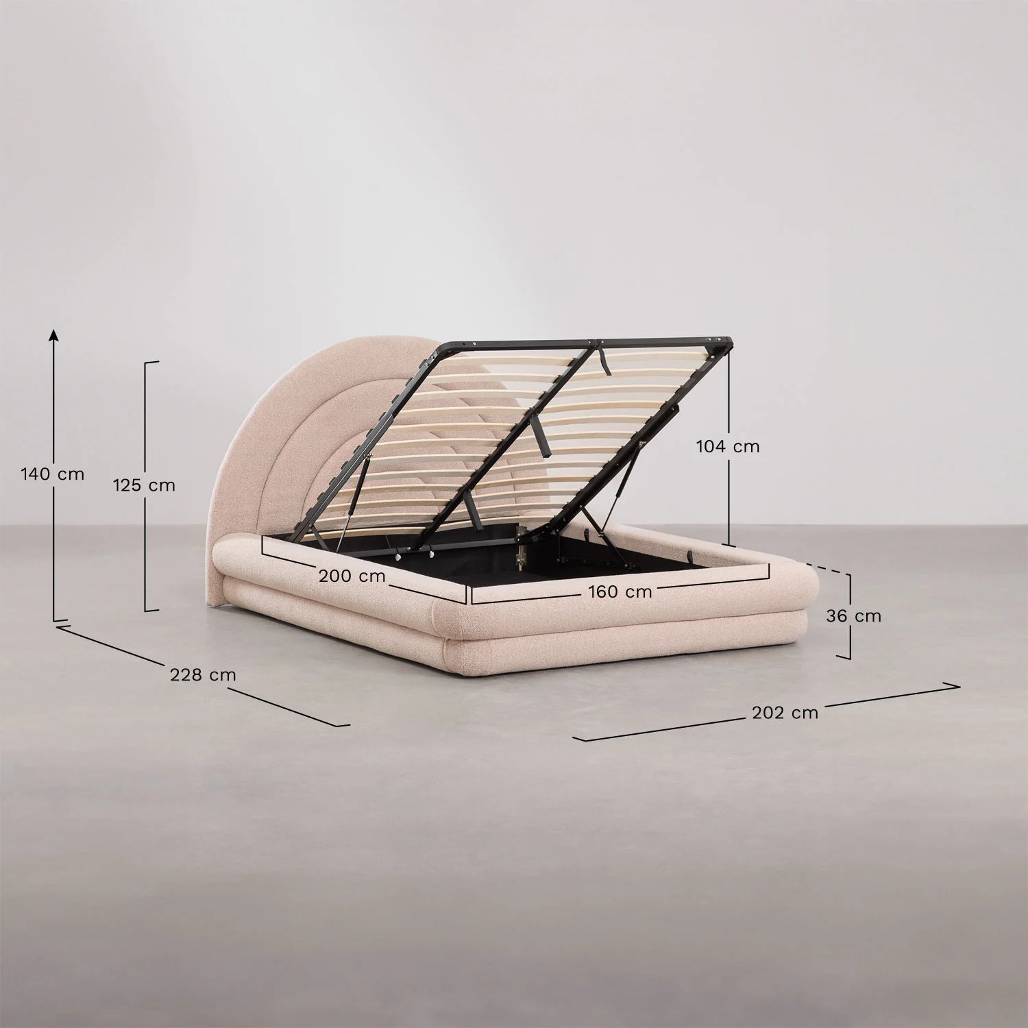 Letto con contenitore ribaltabile in tessuto rosa bouclé Borzensi