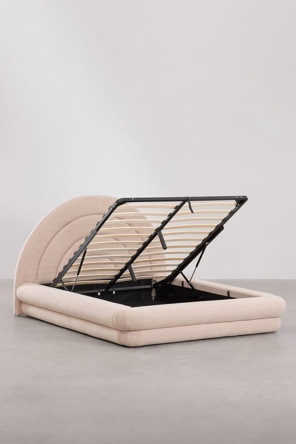 Letto con contenitore ribaltabile in tessuto rosa bouclé Borzensi