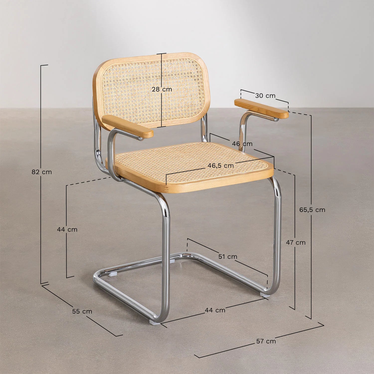 Tento - Sedia da pranzo con braccioli in rattan e acciaio