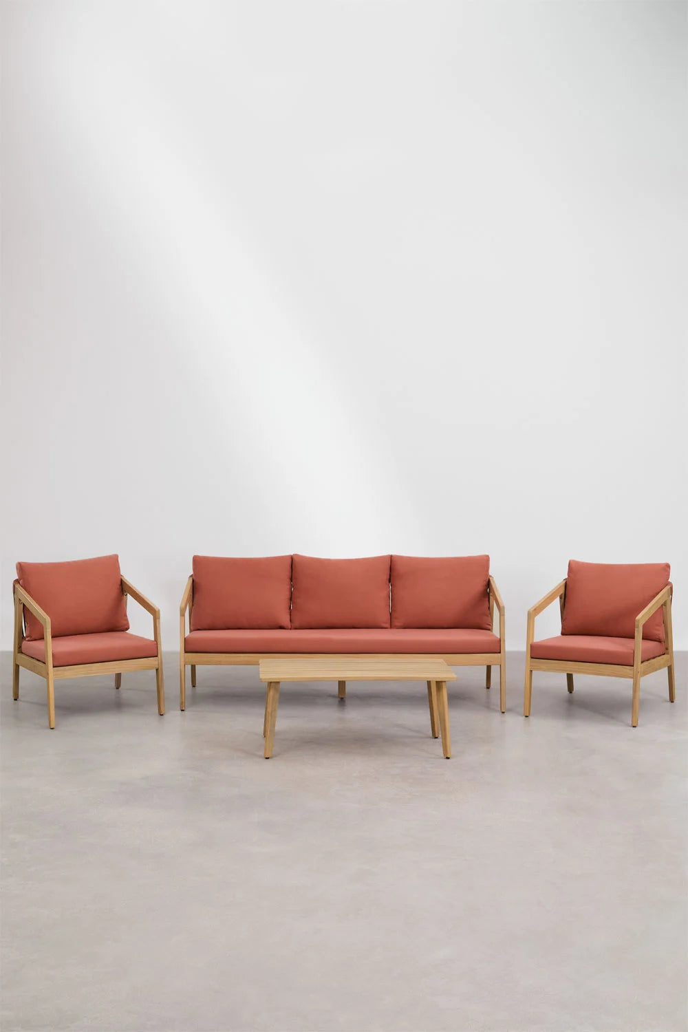 Kaela - Set da giardino con divano 3 posti, 2 poltrone e tavolino in legno di acacia e corda intrecciata