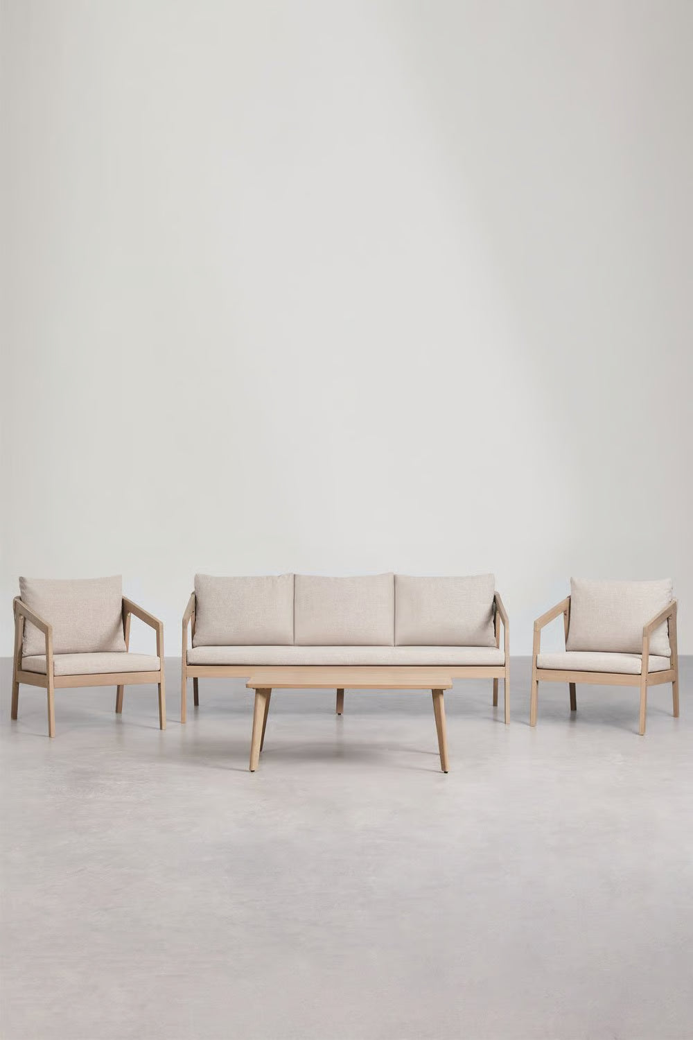 Kaela - Set da giardino con divano 3 posti, 2 poltrone e tavolino in legno di acacia e corda intrecciata