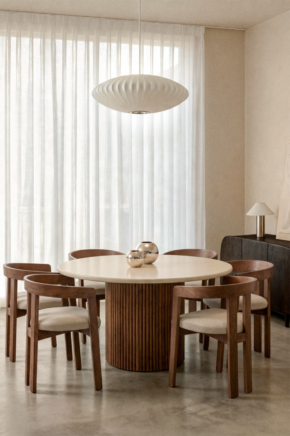 Sirvon - Tavolo da pranzo rotondo in cemento e legno di acacia
