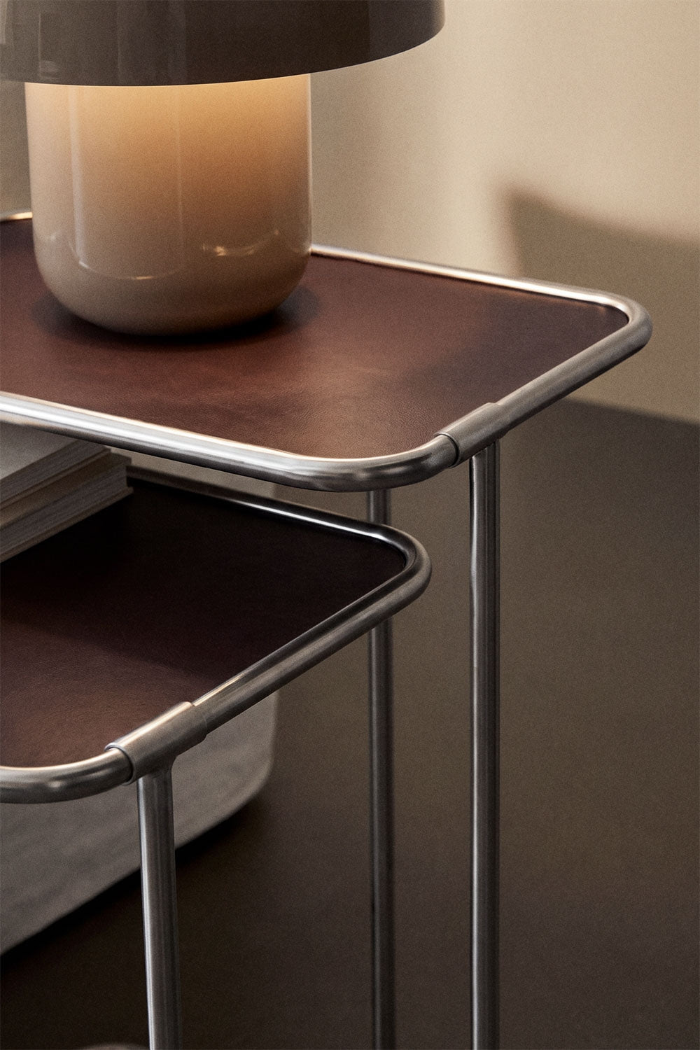 Dravena - Set tavolini a nido in pelle e acciaio inox